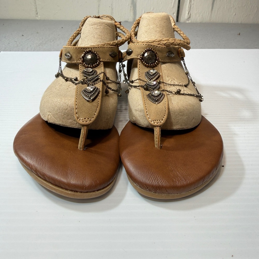 Unbranded Gladiator Sandals Womens Size 8 Tan Boho Beaded Chain Rear Zip Flat